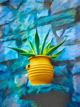 Digital painting of a yellow-green flower in a jar with blue background - painting effect
