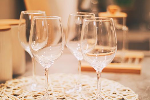 Wine glasses served for family dinner in the kitchen, home decor and luxury interior design concept