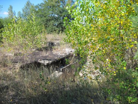 An old destroyed underground bunker. The ruins of Soviet buildings.