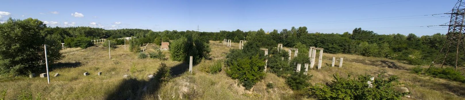 A panorama of piles of destroyed buildings overgrown with grass and trees.