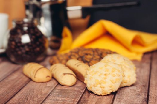 sweet biscuits on a plate a cup with a drink candy Dessert snack. High quality photo