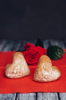 sweet biscuits on a red napkin rose flower snack. High quality photo