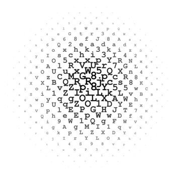 Halftone circle made of black letters and digits on white background illustration