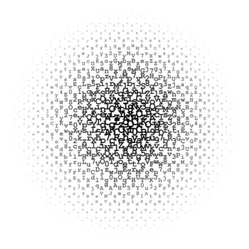 Halftone circle made of black letters and digits on white background illustration