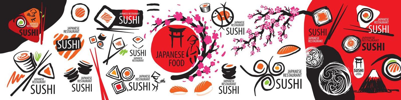 Large vector set of Japanese food logos on a white background.