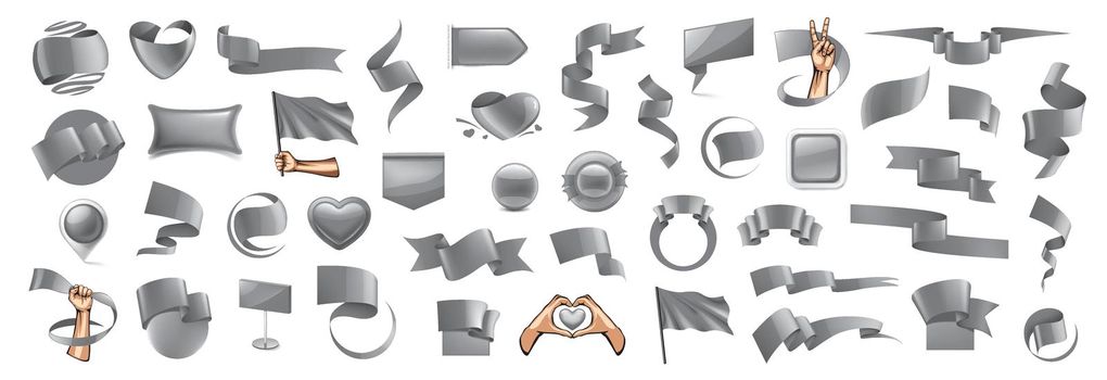 Large vector set of gray flags, ribbons and various design elements.