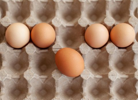 Several brown eggs lie in a row in a large cardboard bag, a chicken egg as a valuable nutritious product, a tray for carrying and storing fragile eggs