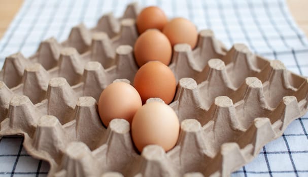 A few brown eggs among the empty cells of a large cardboard bag, a chicken egg as a valuable nutritious product, a tray for carrying and storing fragile eggs