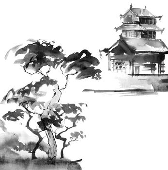 Trees and traditional japanese building on white background. Artistic painting by ink and watercolor in sumi-e style.