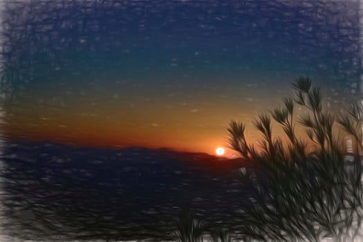 Sunset background with tree silhouette. Digital painting.