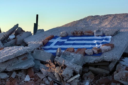 Greek flag on rocks, Greece Attica, in Europe.