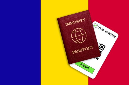 Immunity passport and test result for COVID-19 on flag of Andorra. Vaccination passport against covid-19 that allows you travel around the world.
