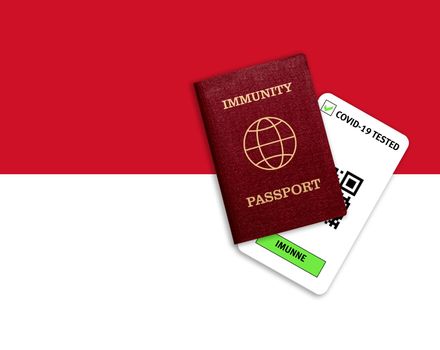 Immunity passport and test result for COVID-19 on flag of monaco. Certificate for people who have had coronavirus or made vaccine. Vaccination passport against covid-19 that allows you travel