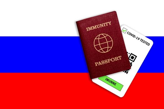 Concept of immunity to coronavirus. Immunity passport and test result for COVID-19 on flag of Russia. Vaccination passport against covid-19 that allows you travel around the world..