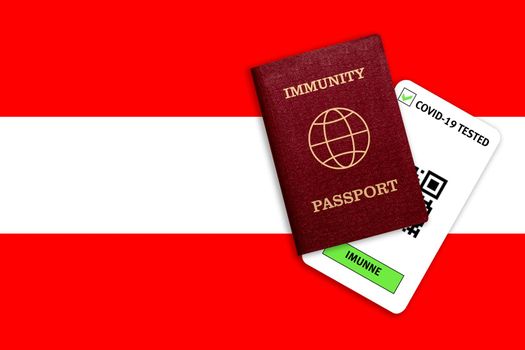 Concept of immunity to coronavirus. Immunity passport and test result for COVID-19 on flag of Austria. Vaccination passport against covid-19 that allows you travel 