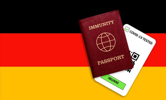 Concept of immunity to coronavirus. Immunity passport and test result for COVID-19 on flag of Germany. Vaccination passport against covid-19 that allows you travel around the world..
