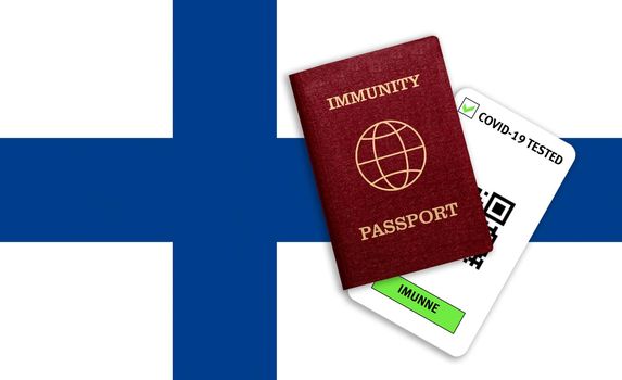 Concept of immunity to coronavirus. Immunity passport and test result for COVID-19 on flag of Finland. Vaccination passport against covid-19 that allows you travel around the world..