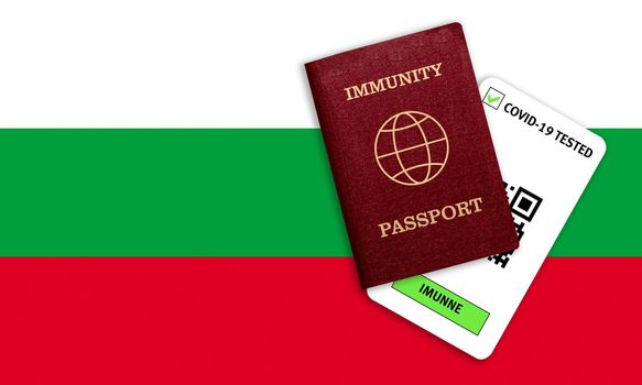 Concept of immunity to coronavirus. Immunity passport and test result for COVID-19 on flag of Bulgaria. . Vaccination passport against covid-19 that allows you travel around the world..