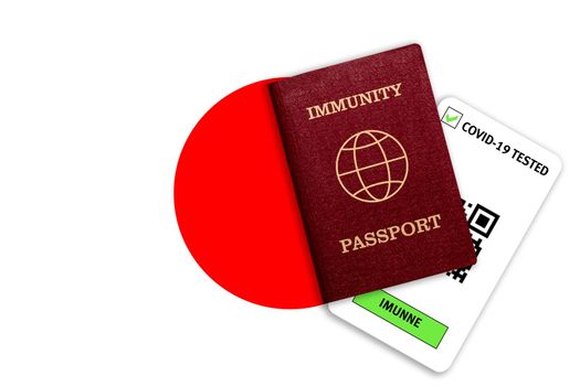 Concept of immunity to coronavirus. Immunity passport and test result for COVID-19 on flag of Japan. Vaccination passport against covid-19 that allows you travel around the world..