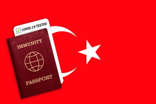 Immunity passport and test result for COVID-19 on flag of Turkey. Certificate for people who have had coronavirus or made vaccine. Vaccination passport against covid-19 that allows you travel 