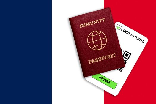 Concept of immunity to coronavirus. Immunity passport and test result for COVID-19 on flag of France. Vaccination passport against covid-19 that allows you travel around the world..