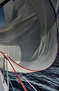 Spinnaker of white color, the sail flutters on a wind, sailing regatta at sunset, a race