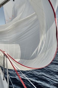 Spinnaker of white color, the sail flutters on a wind, sailing regatta at sunset, a race