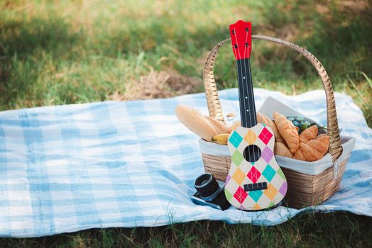 Picnic wattled basket with bread food and fruit, Ukulele, a retro camera on blue cloth in green grass garden with copy space at sunny summertime