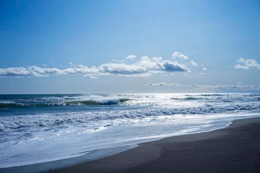 Marine landscape with views of Alatyrsky volcanic beach. Kamchatka, Russia