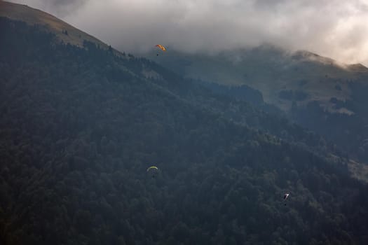 Paragliding in the sky over Uzungol, Trabzon, Turkey.