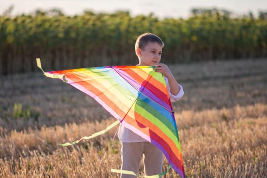 Rainbow kite close-up. The boy is about to launch a kite. Summer vacation.