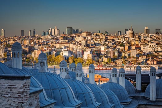 View over Suleymaniye Bath on the Galata tower near The Suleymaniye Mosque which is an Ottoman imperial mosque in Istanbul, Turkey. It is the largest mosque in the city.