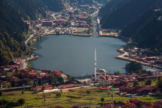 View of the mosque on the shore of the mountain lake Uzungol, Trabzon, Turkey.