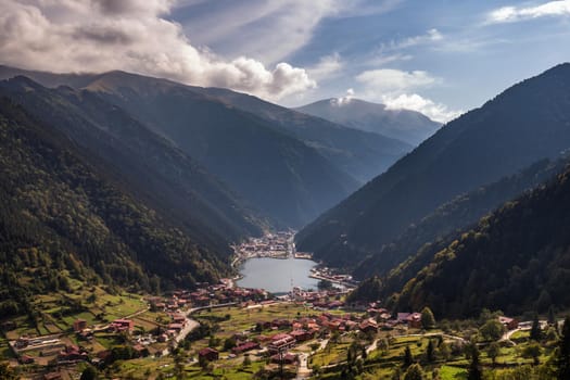 View of the mosque on the shore of the mountain lake Uzungol, Trabzon, Turkey.