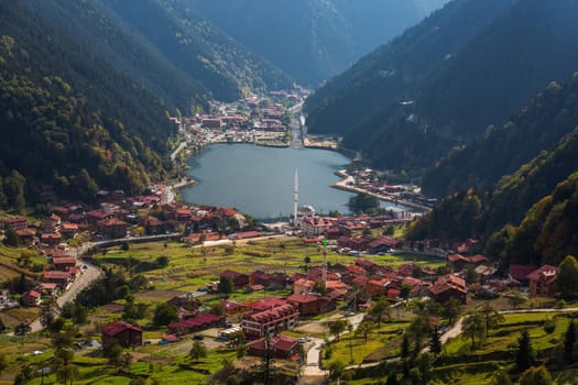 View of the mosque on the shore of the mountain lake Uzungol, Trabzon, Turkey.