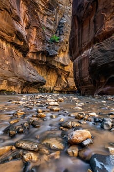 Rough river crossing at the Zion Narrows, narrow of the Virgin River, steep faces of Zion Canyon, Zion National Park, Utah, USA.