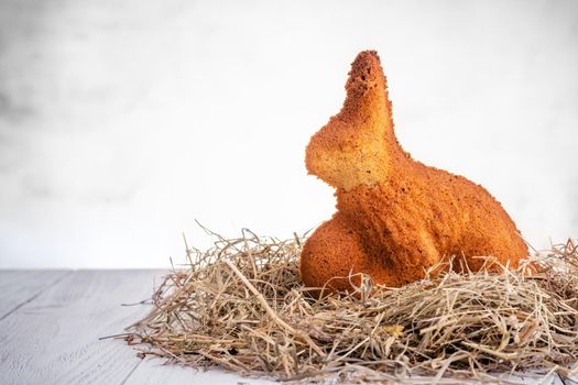 Baked easter bunny cake on straw on wooden background