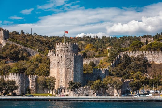 A view from the Bosphorus to Rumelihisari, known as the Rumelian castle and Hissar Rumeli castle in Istanbul, Turkey.
