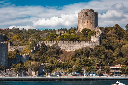 A view from the Bosphorus to Rumelihisari, known as the Rumelian castle and Hissar Rumeli castle in Istanbul, Turkey.