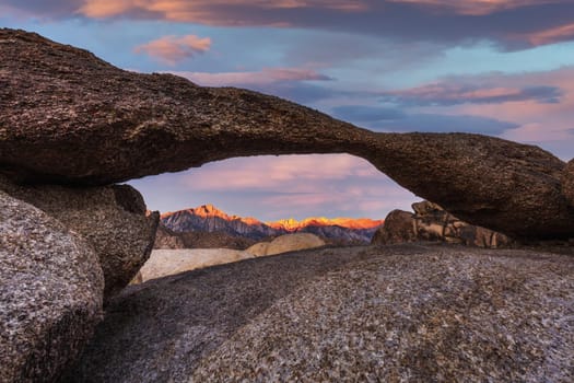 Mobius Arch in Lone Pine with Peak Mount Whitney, USA.