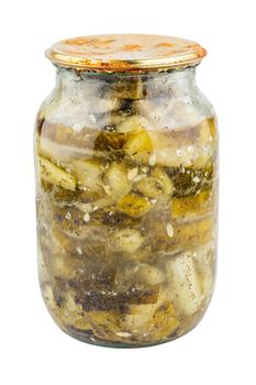 old pickles in glass jar with rusted cap in bad condition isolated on white background.
