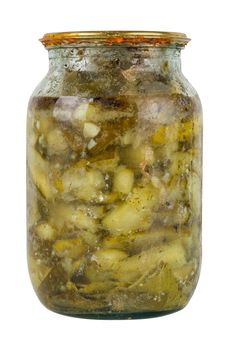old pickles in glass jar with rusted cap in bad condition isolated on white background.