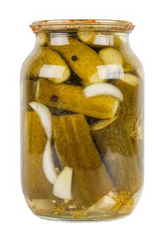 pickles marinade in glass jar with rusted cap isolated on white background.