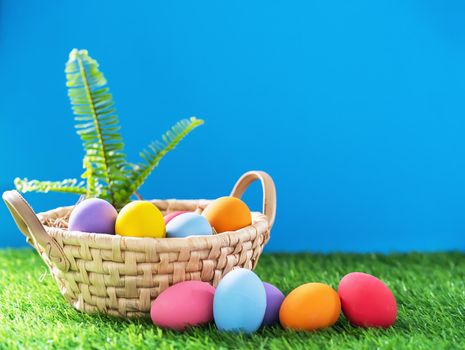 Colorful easter eggs in the basket on green grass background with copy space