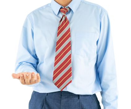 Close up, Male wearing blue shirt and red tie reaching hand out with clipping path