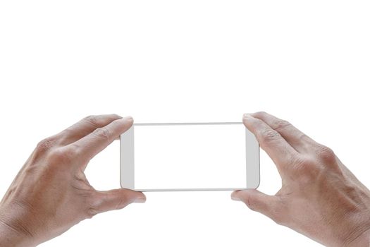 Mobile phone mockup, white screen with man hand holding smartphone and using touching screen take a photo isolated on white background, copy space with clipping path.        