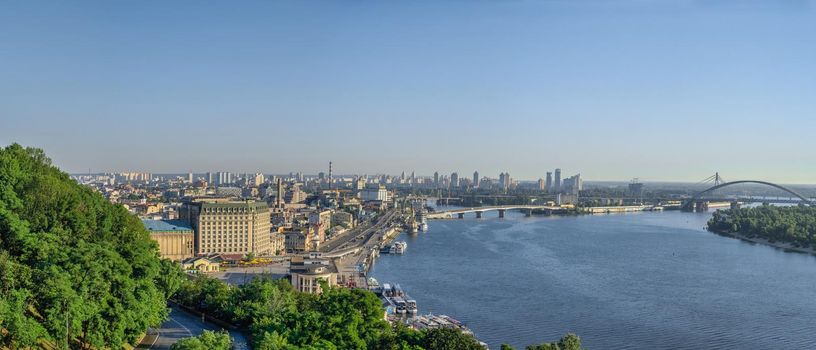 Kyiv, Ukraine 07.11.2020. View of the Dnieper River and the city of Kyiv, Ukraine, from the pedestrian bridge on a sunny summer morning