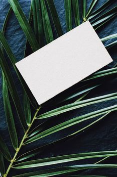 White business card flatlay on dark stone background and green exotic leaf, luxury branding flat lay and brand identity design for mockups