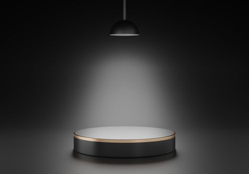3d rendering of black premium, pedestal podium with a gold ring on black background, round gold shape, cylinder stand with product show or copy space
