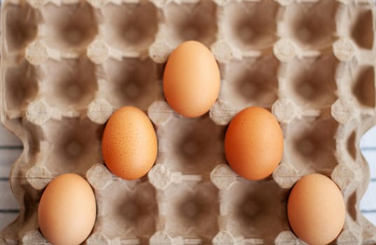 A few brown eggs among the empty cells of a large cardboard bag, a chicken egg as a valuable nutritious product, a tray for carrying and storing fragile eggs